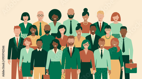 Diverse multicultural professional team of managers and executives standing together in formal attire, concept for corporate leadership, recruitment marketing and workforce diversity