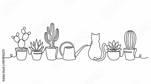 One line drawing of various potted cactus and succulent plants with a watering can and sitting cat silhouette on white, concept for minimalist home decor, gardening blog and modern wall art