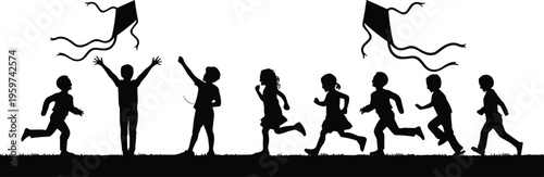 Children playing silhouette, kids running flying kites, childhood outdoor fun activity, happy playful group vector illustration