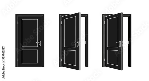 A set of three black doors, one closed and two partially open, isolated on a white background, symbolizing opportunity and choices