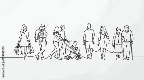 Continuous one line drawing of diverse people and families walking together on minimalist background, concept for community inclusion, lifestyle diversity and social togetherness