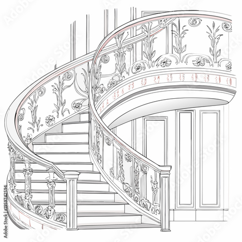 An elegant ornate spiral staircase with detailed architectural drawings