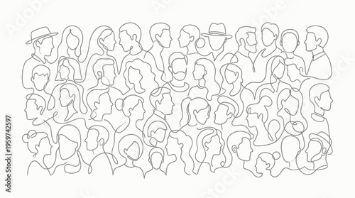 Minimalist line art illustration of diverse marketing managers and corporate team members, concept for business collaboration, professional recruitment and networking community
