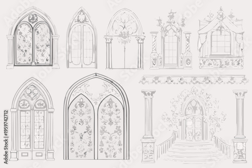 Detailed sketches of gothic architectural window and decorative elements