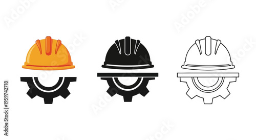 Professional industrial safety and construction engineering concept vector icon set featuring hard hats and mechanical gears for reliable workmanship and development projects