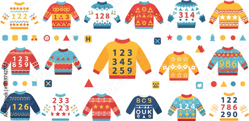 Kids learning sweaters with numbers and alphabet patterns flat vector illustration educational clothing designs colorful knitwear collection for children