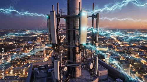 Cell tower with antennas on a rooftop overlooking a city at sunset with lightning