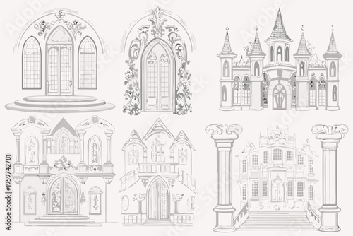 Collection of ornate architectural sketches featuring castle and building facades