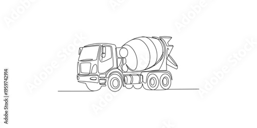 A Continuous Line Drawing of a Cement Truck on a White Background
