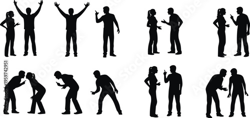People arguing silhouettes set, communication conflict discussion gestures, human interaction debate poses, social behavior vector illustration