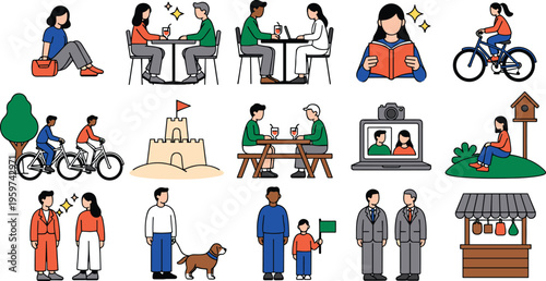 People lifestyle activities set, dating reading cycling video call family daily life scenes, modern flat vector illustration