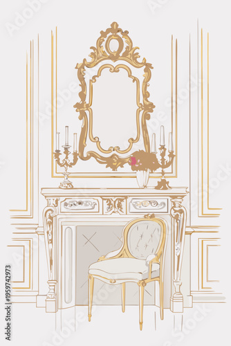 Elegant vintage interior with ornate fireplace mirror and upholstered chair