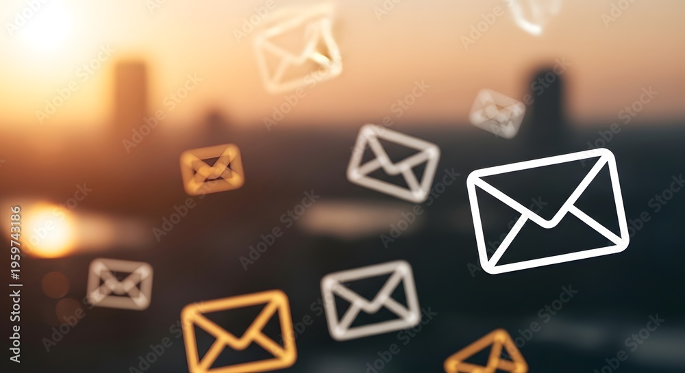 Fototapeta premium Email communication concept with multiple envelopes at sunset