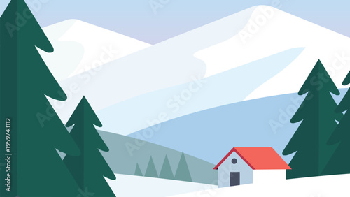 Minimal Winter Landscape with Cabin, Trees, and Snowy Hills.