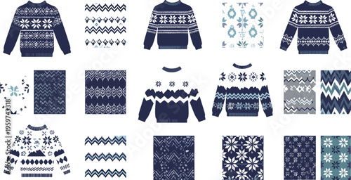 Winter sweater patterns collection flat vector illustration Nordic knitwear designs with snowflakes geometric ornaments and seamless textile textures set