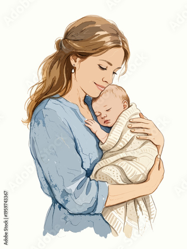 A tender illustration of a gentle mother holding her sleeping newborn baby in her loving embrace