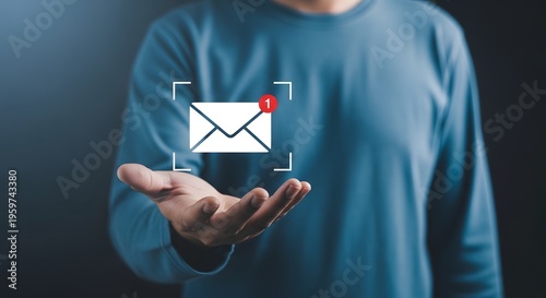 Email communication concept with person holding digital mailbox