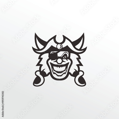 Cartoon pirate clown face with eye patch and big smile.