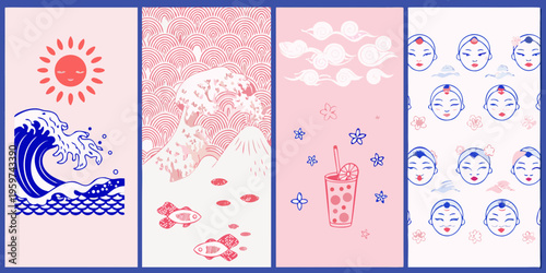 Tablou pe pânză A series of vertically arranged panels with japanese inspired illustrations