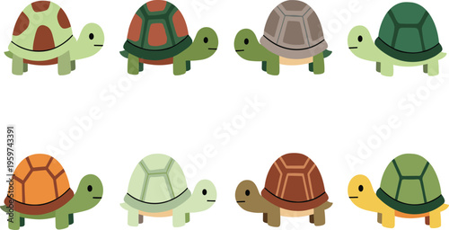 Cute turtle cartoon character set vector illustration featuring adorable tortoises in different shell colors simple flat style animal collection isolated on white background design elements