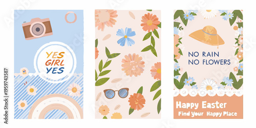 Colorful illustrated phone backgrounds featuring flowers a camera and positive messages
