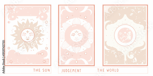 Three vintage tarot cards depicting the sun judgement and the world