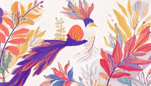 Colorful Bird With Tropical Leaves.