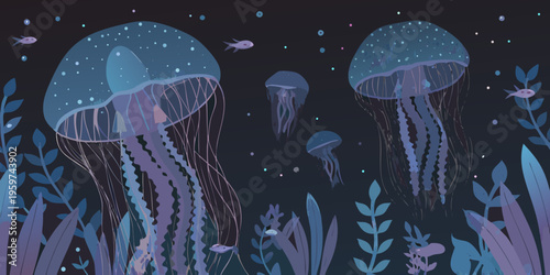 Luminous jellyfish float in a dark deep ocean environment with plant life