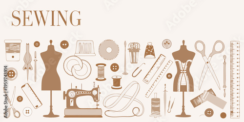 Vintage sewing tools and dress forms in a decorative arrangement