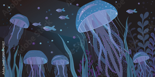 Photography Stylized illustration of glowing jellyfish swimming in a dark blue ocean