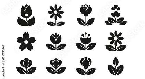 A collection of stylized floral icons representing different flower designs and leaf patterns