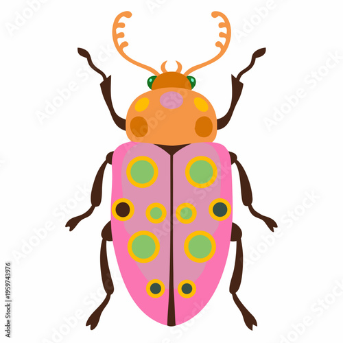 A whimsical illustration of a brightly colored stylized insect with antlers