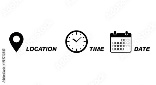 Universal graphic elements for event coordination, capturing essential details like specific venues, scheduled durations, and designated calendar days for effective planning