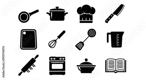 Collection of kitchenware and cooking utensils, including pans, knives, whisks, and ovens, for culinary and food preparation