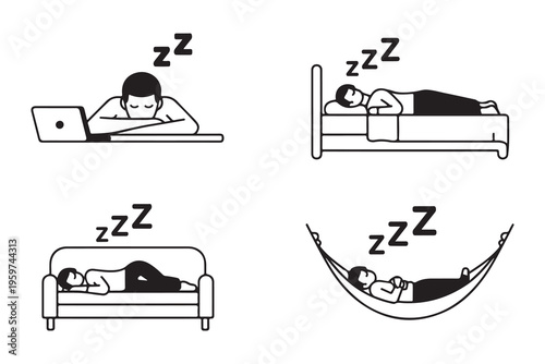 People sleeping in various positions: on a desk, in bed, on a couch, and in a hammock icon set