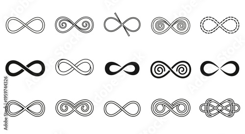 A diverse collection of elegant infinity symbols, presented in a variety of artistic styles and graphic designs, perfectly illustrating concepts of eternity, endlessness, and boundless possibilities 