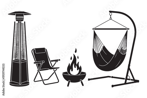 Outdoor patio essentials set: gas heater, folding chair, fire pit, and hanging hammock stand