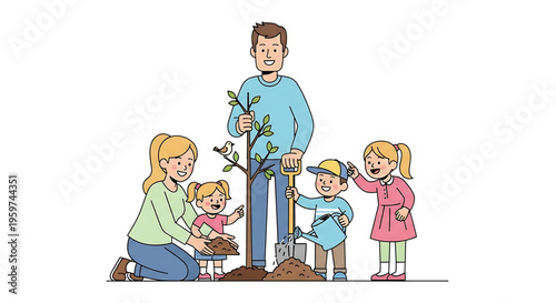 A happy family of five planting a tree together in a heartwarming moment of environmental conservation and teamwork