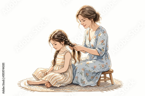 A tender moment of a mother gently braiding her young daughter's long brown hair with affection