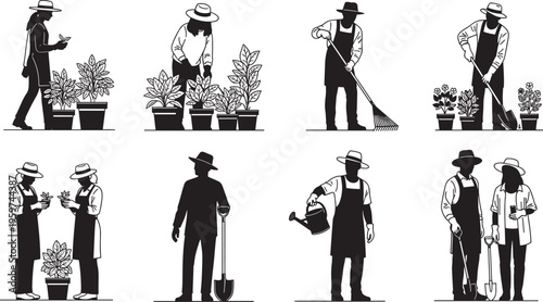 Gardener silhouettes set planting watering pruning raking farming people black vector illustration gardening work outdoor activity collection