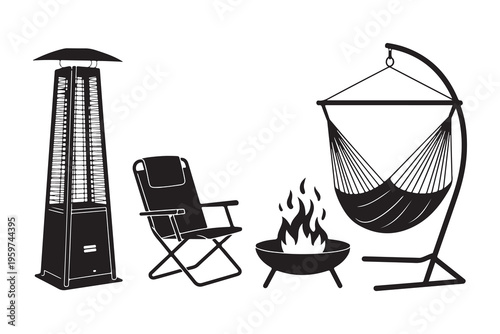 Outdoor patio essentials set: gas heater, folding chair, fire pit, and hanging hammock stand