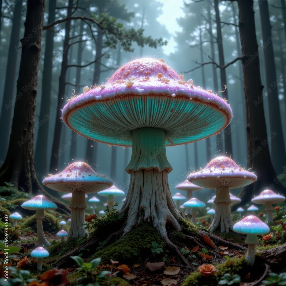 Fototapeta premium Ethereal Mushroom Forest: A Surreal Dreamscape with Glowing Fungi, Ancient Trees, and Mystical Hues in a Primordial Setting