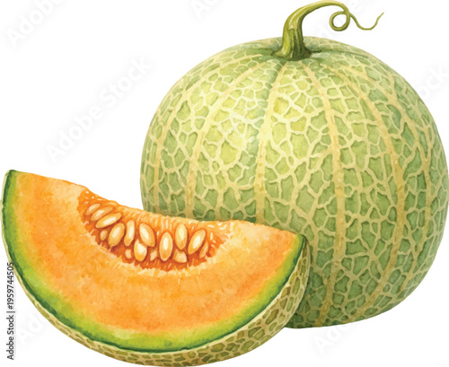 A beautiful watercolor cantaloupe melon clip art featuring a whole ripe melon and a fresh sliced wedge with orange flesh in a natural fruit style.