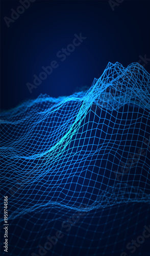 Abstract cyber ai background digital design with wireframe landscape grid line. 3D mountain and futuristic technology topographic big data concept. 