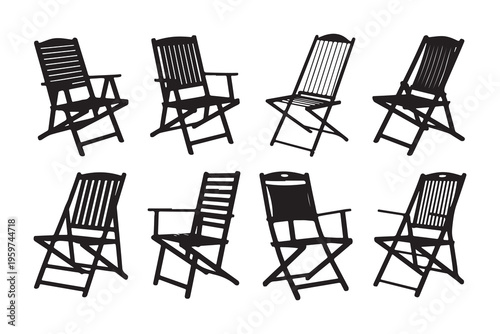 Collection of eight folding deck chairs for outdoor relaxation and leisure activities
