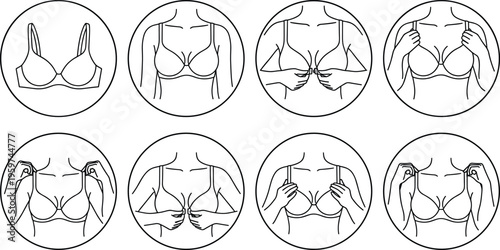 Step by step bra wearing instructions, circular illustrations, simplified line drawings, torso and hands demonstration, proper fit adjustment, lingerie guide illustration