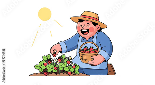 A happy farmer tends to his strawberry plants in a sunny garden