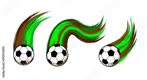 High-speed soccer ball vector set with dynamic green and brown trails, capturing the essence of fast-paced football action and athletic performance on the field
