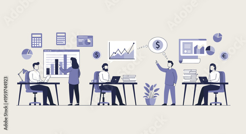 Flat minimalist illustration of company finance department workflow b