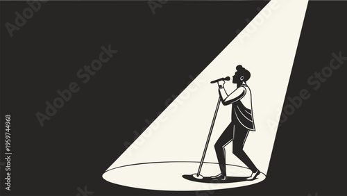 Artist singing under spotlight on stage, live music performance concept, minimalist flat vector illustration for entertainment, concert, and talent shows.